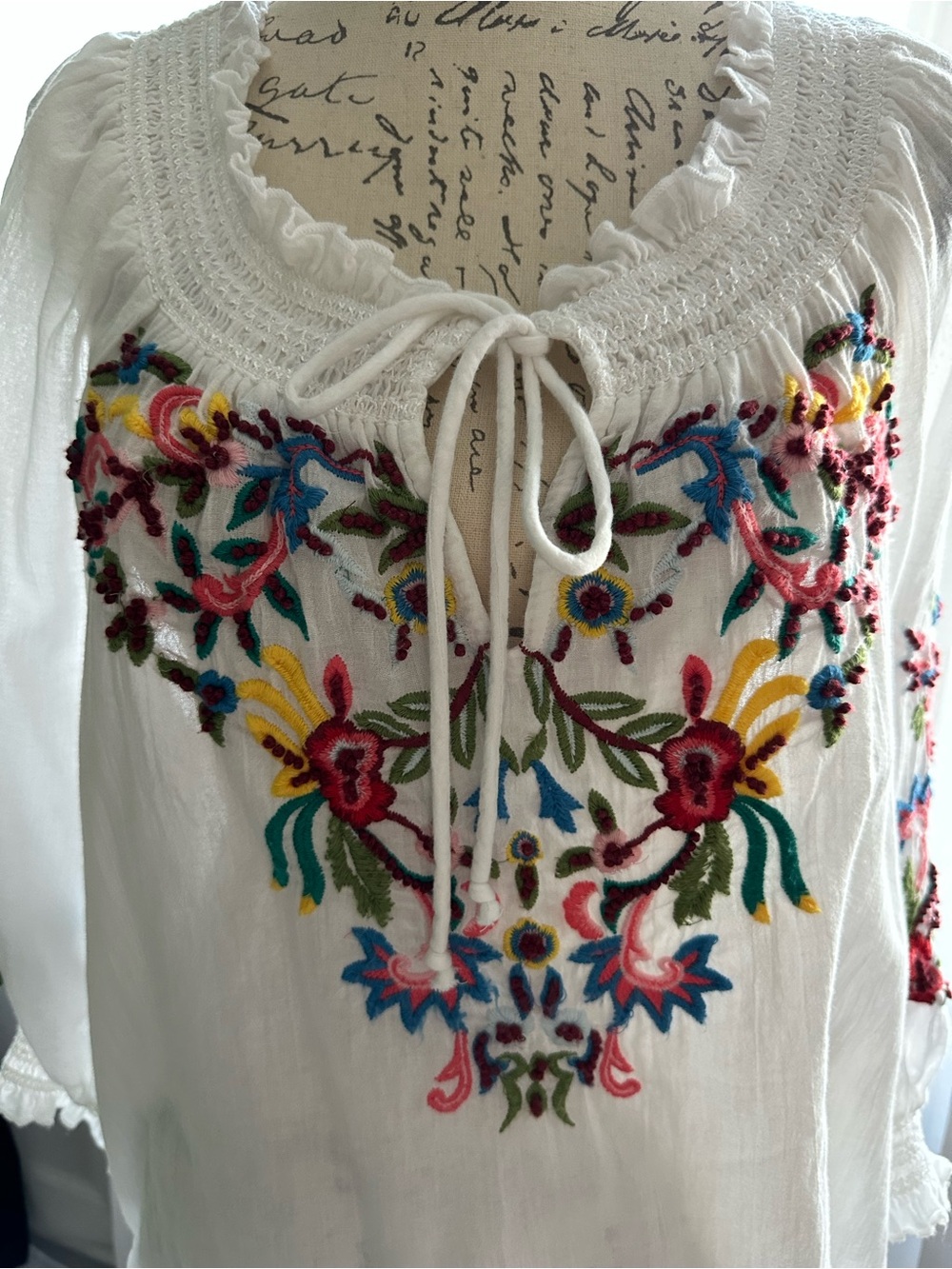 Sundance White Embroidered Peasant Blouse with Multicolor Floral Detail - Picture 4 of 10
